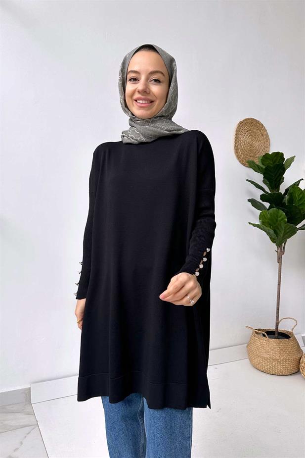 Kol Detay Merserize Tunik - Siyah
