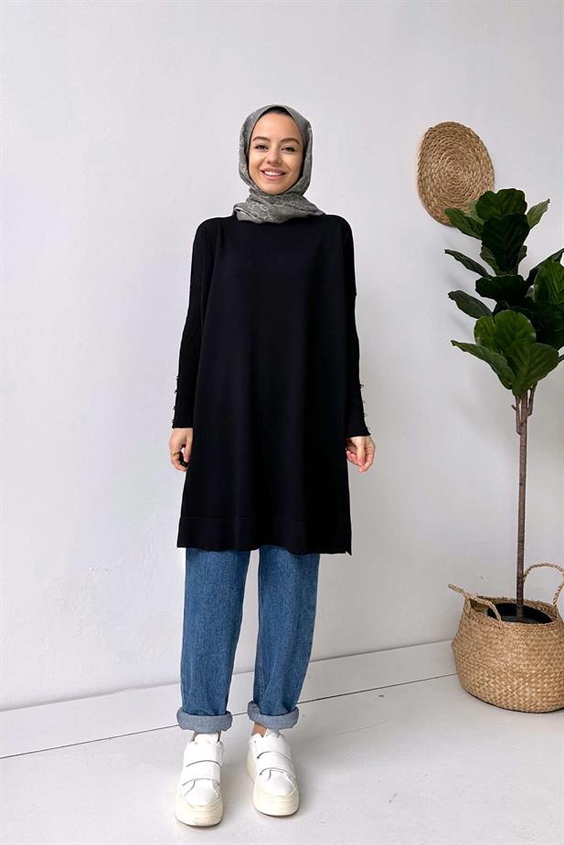 Kol Detay Merserize Tunik - Siyah