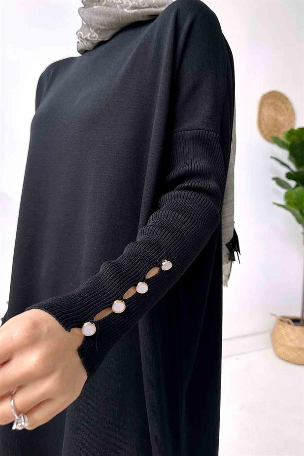 Kol Detay Merserize Tunik - Siyah