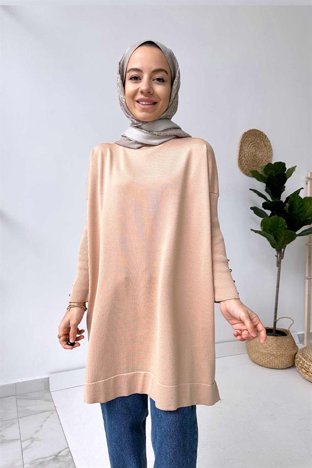 Kol Detay Merserize Tunik - Sütlü Kahve