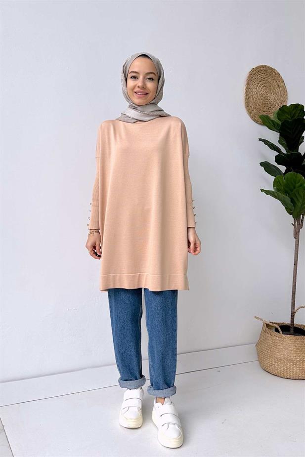 Kol Detay Merserize Tunik - Sütlü Kahve