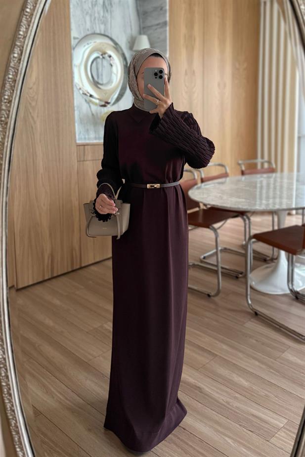 Kol Detaylı Kemerli Merserize Elbise - Kahverengi