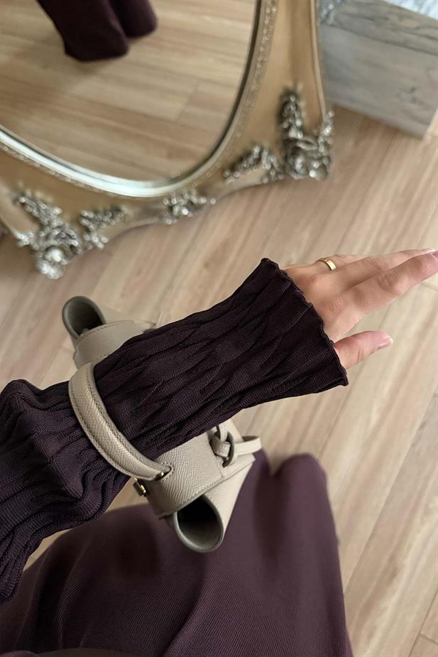 Kol Detaylı Kemerli Merserize Elbise - Kahverengi