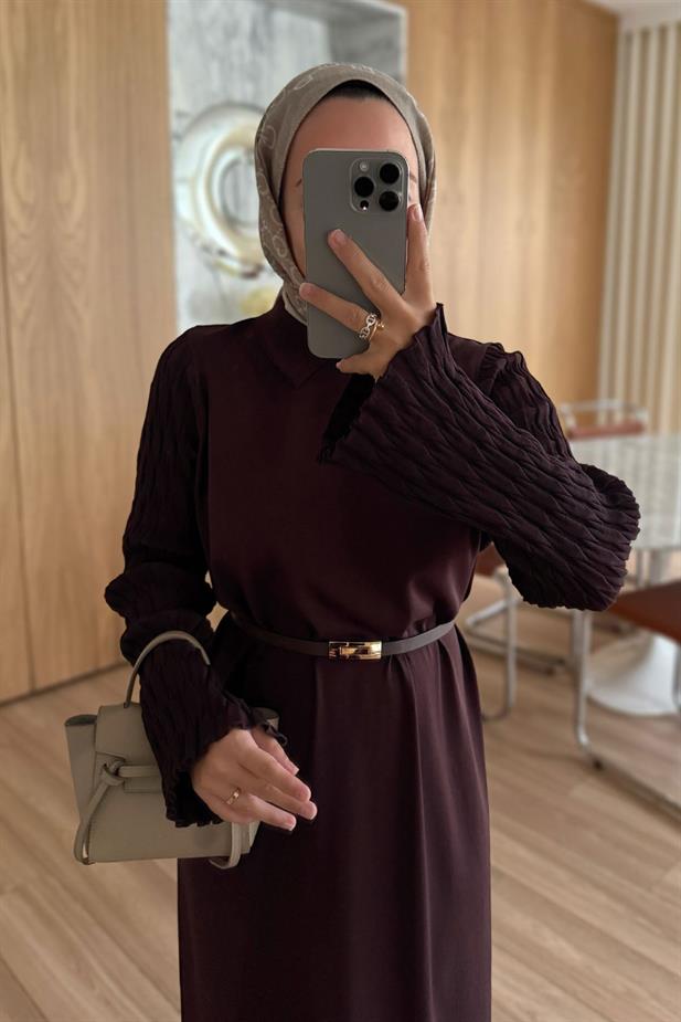 Kol Detaylı Kemerli Merserize Elbise - Kahverengi