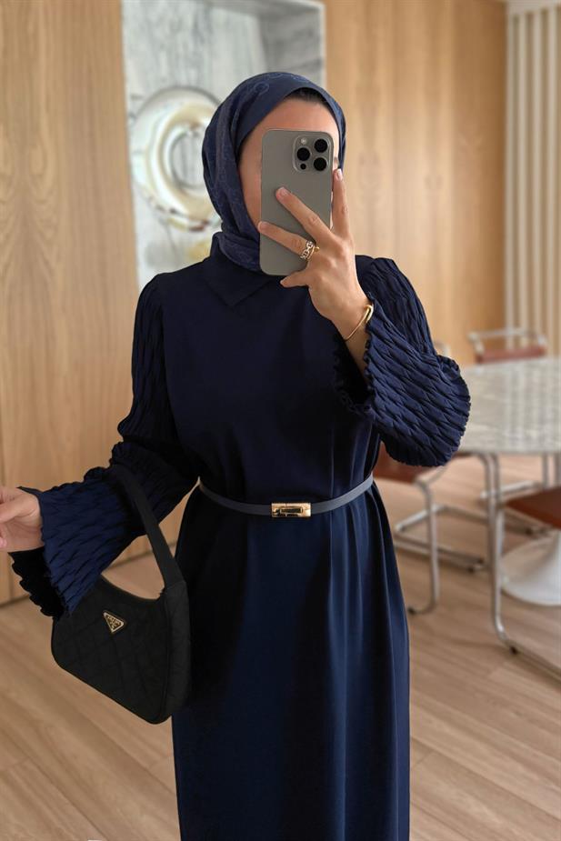 Kol Detaylı Kemerli Merserize Elbise - Lacivert