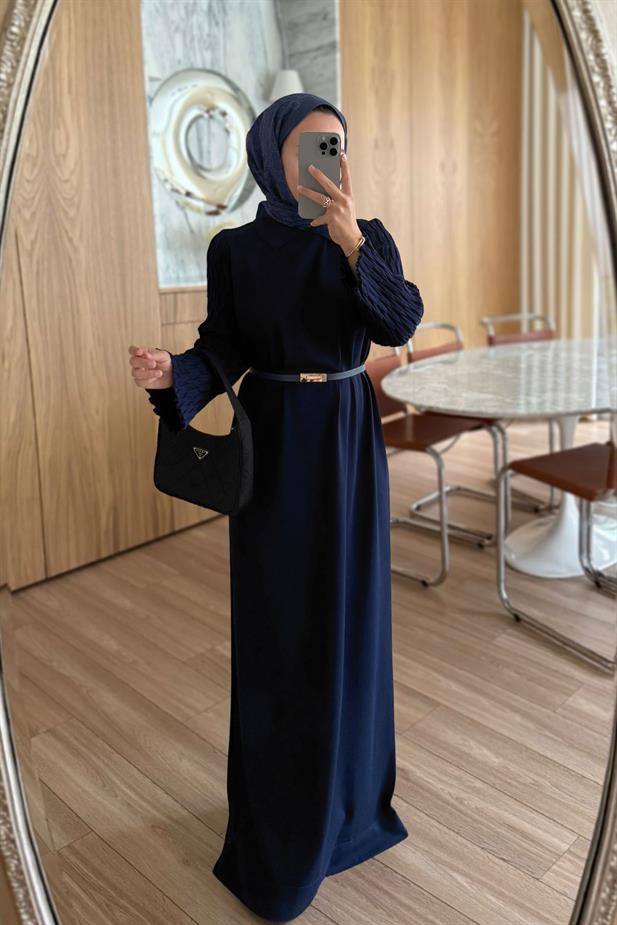 Kol Detaylı Kemerli Merserize Elbise - Lacivert