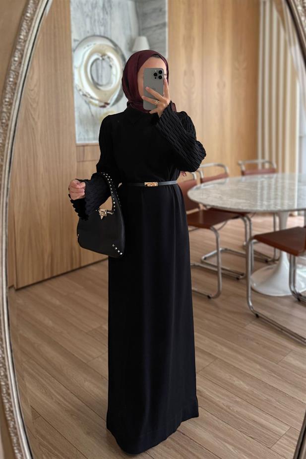 Kol Detaylı Kemerli Merserize Elbise - Siyah