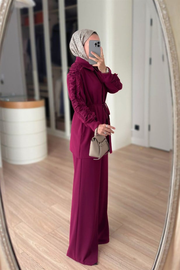 Kolları Büzgülü İkili Takım - Mürdüm