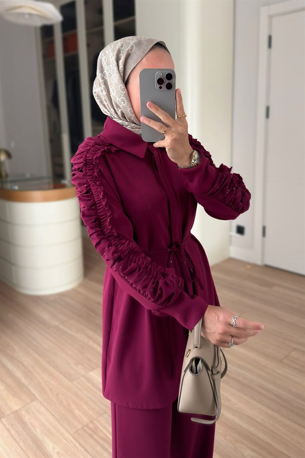 Kolları Büzgülü İkili Takım - Mürdüm