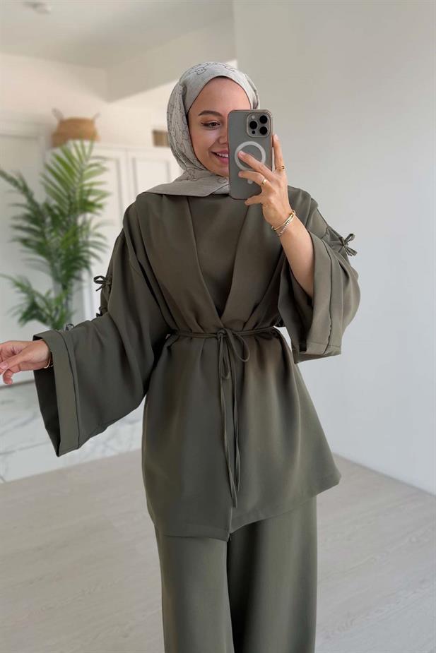 Kolları Fiyonk Detay Bağlamalı Üçlü Takım - Haki