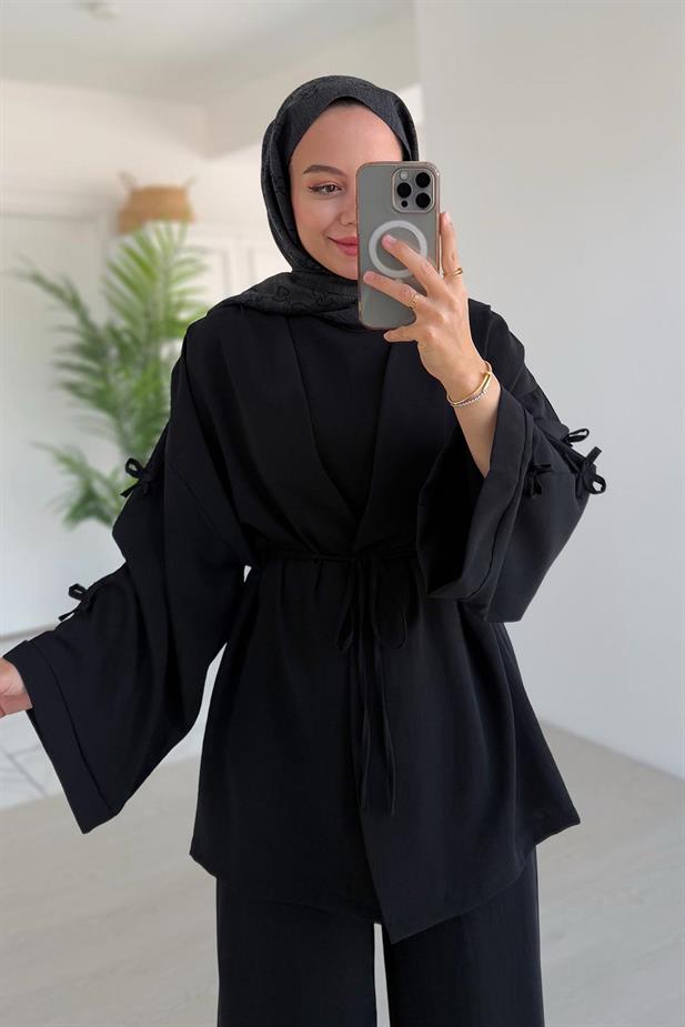 Kolları Fiyonk Detay Bağlamalı Üçlü Takım - Siyah