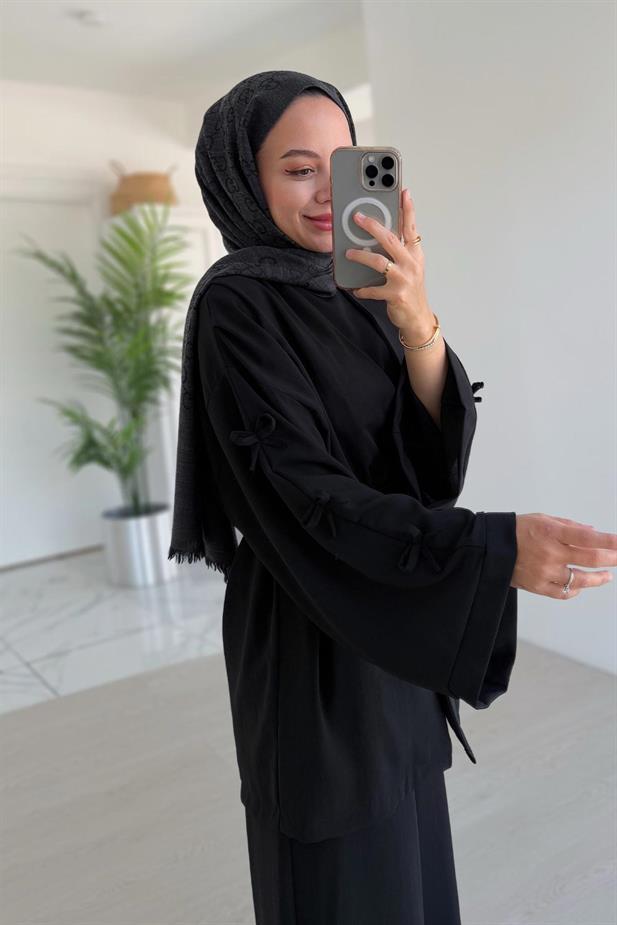 Kolları Fiyonk Detay Bağlamalı Üçlü Takım - Siyah