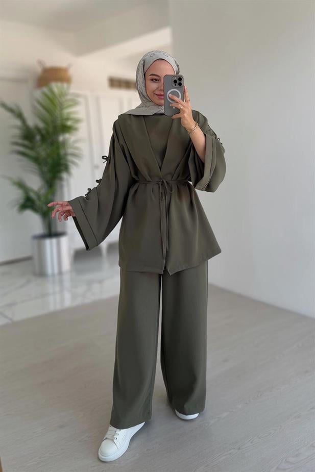 Kolları Fiyonk Detay Bağlamalı Üçlü Takım - Haki