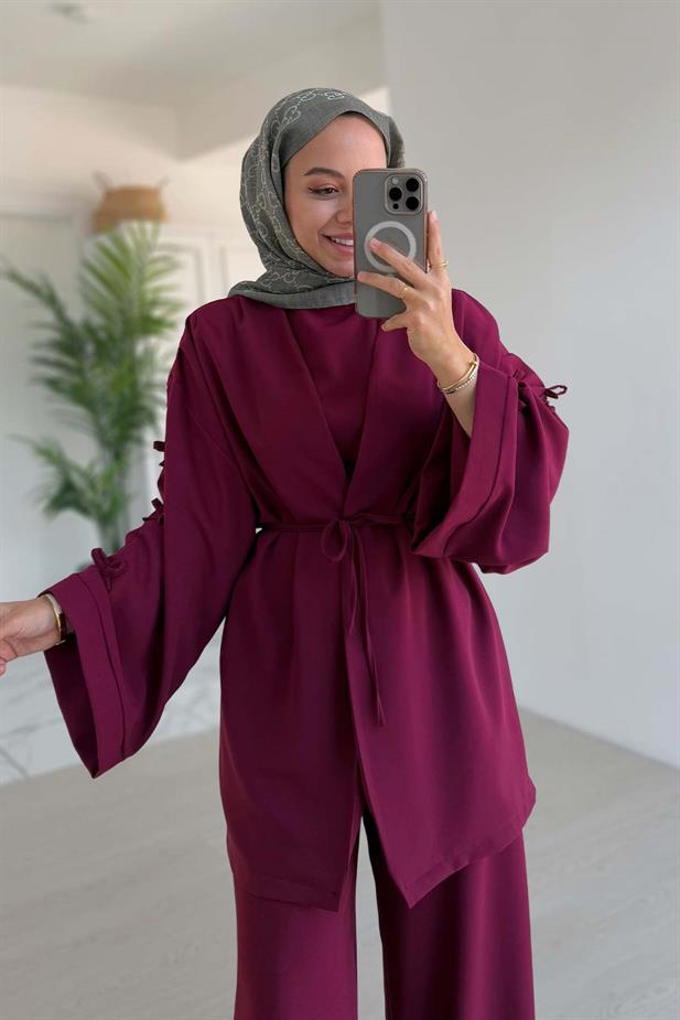 Kolları Fiyonk Detay Bağlamalı Üçlü Takım - Mürdüm