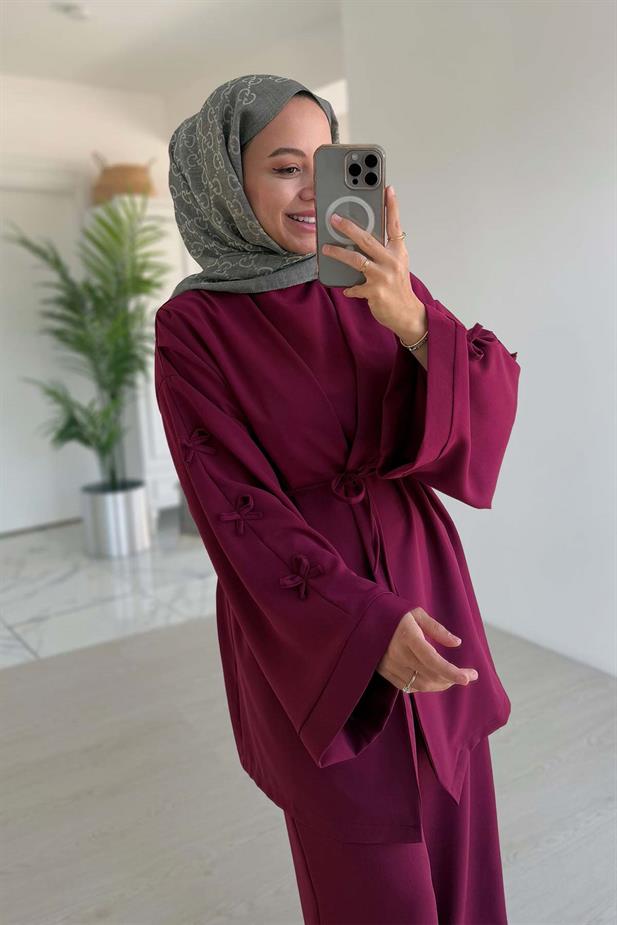 Kolları Fiyonk Detay Bağlamalı Üçlü Takım - Mürdüm