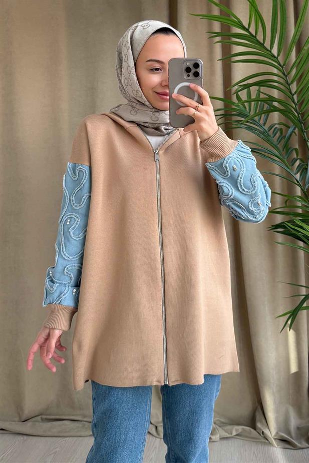 Kolları Kot Detaylı Triko Hırka - Camel