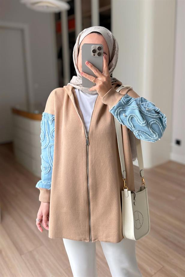 Kolları Kot Detaylı Triko Hırka - Camel
