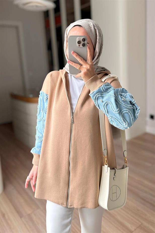 Kolları Kot Detaylı Triko Hırka - Camel