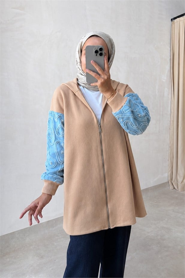 Kolları Kot Detaylı Triko Hırka - Camel
