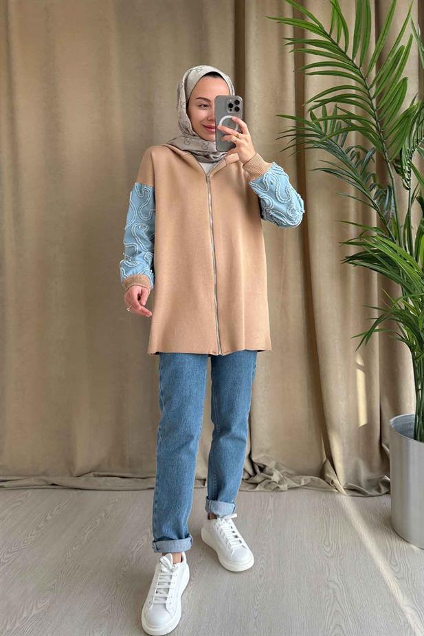 Kolları Kot Detaylı Triko Hırka - Camel