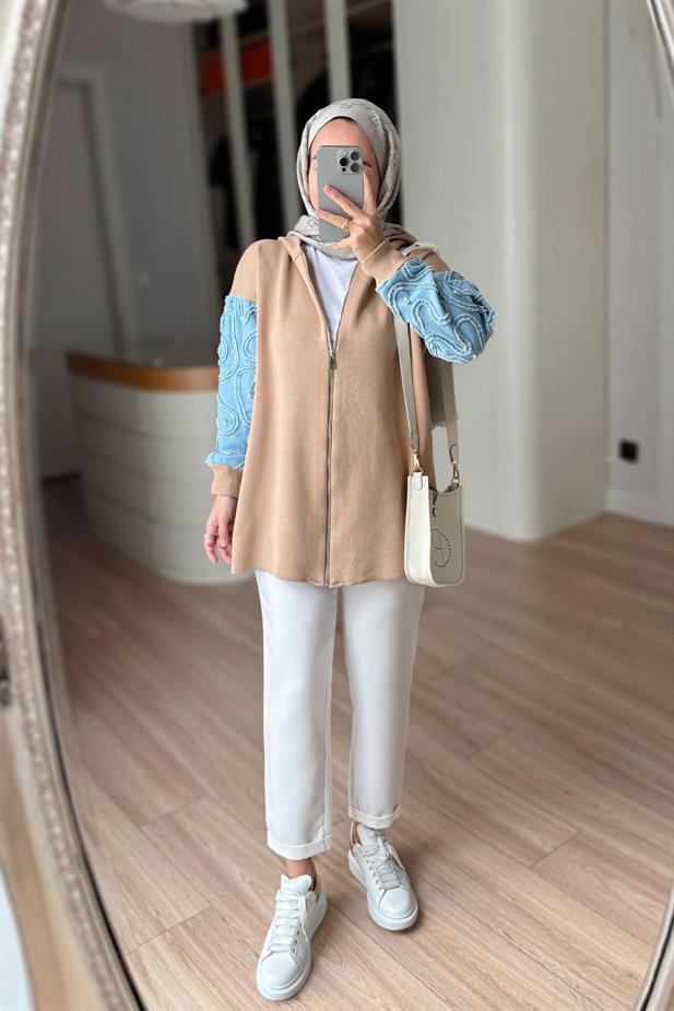 Kolları Kot Detaylı Triko Hırka - Camel