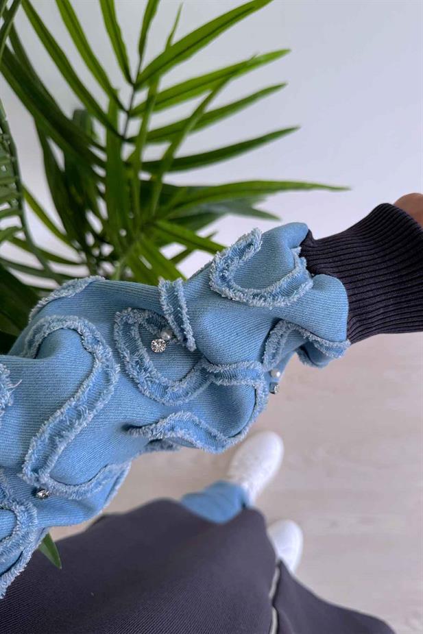 Kolları Kot Detaylı Triko Hırka - Füme