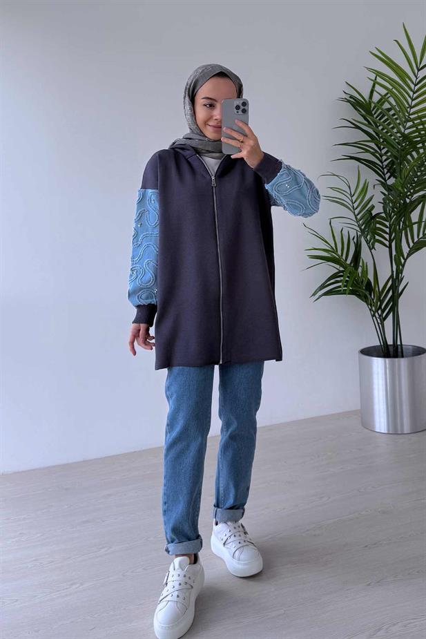 Kolları Kot Detaylı Triko Hırka - Füme