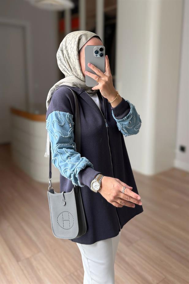 Kolları Kot Detaylı Triko Hırka - Füme