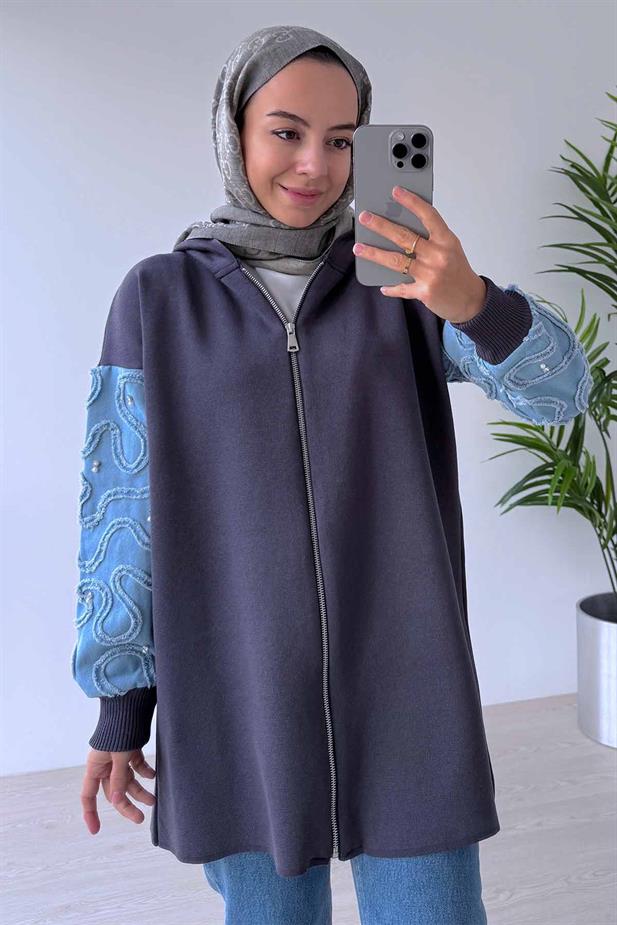 Kolları Kot Detaylı Triko Hırka - Füme