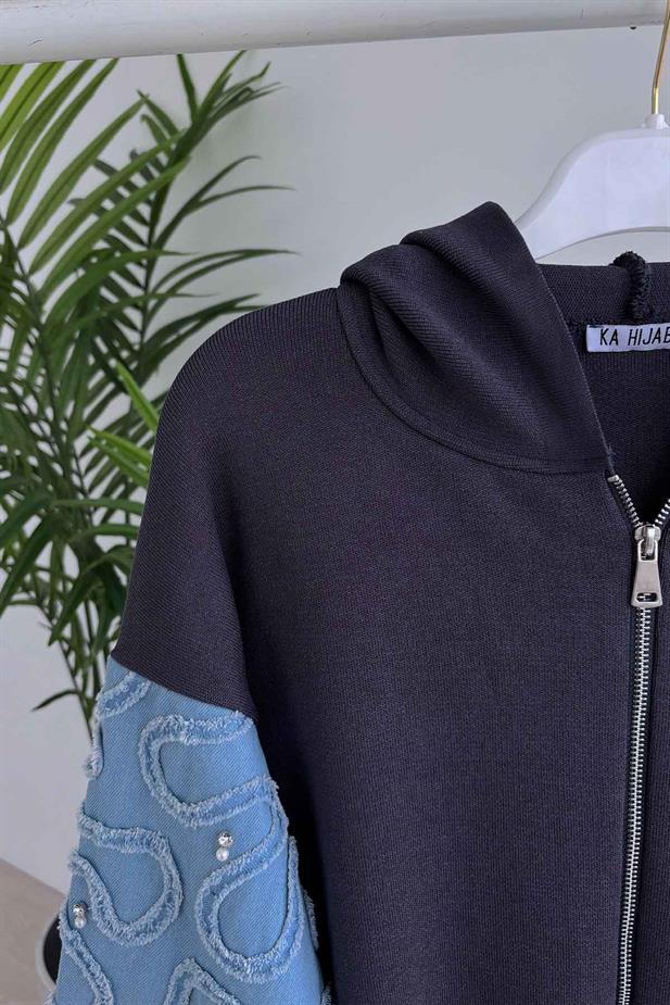 Kolları Kot Detaylı Triko Hırka - Füme