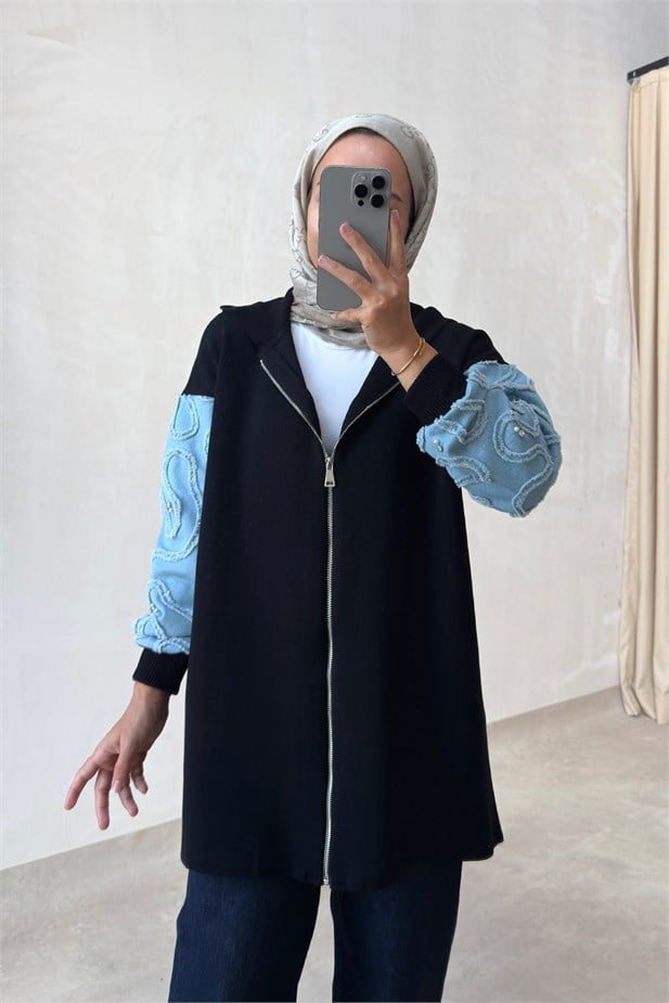 Kolları Kot Detaylı Triko Hırka - Siyah