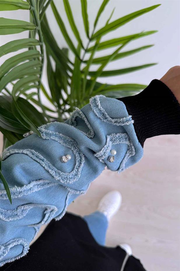 Kolları Kot Detaylı Triko Hırka - Siyah