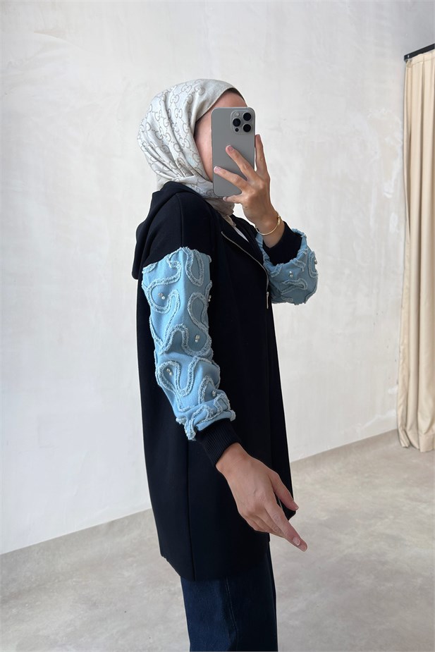 Kolları Kot Detaylı Triko Hırka - Siyah