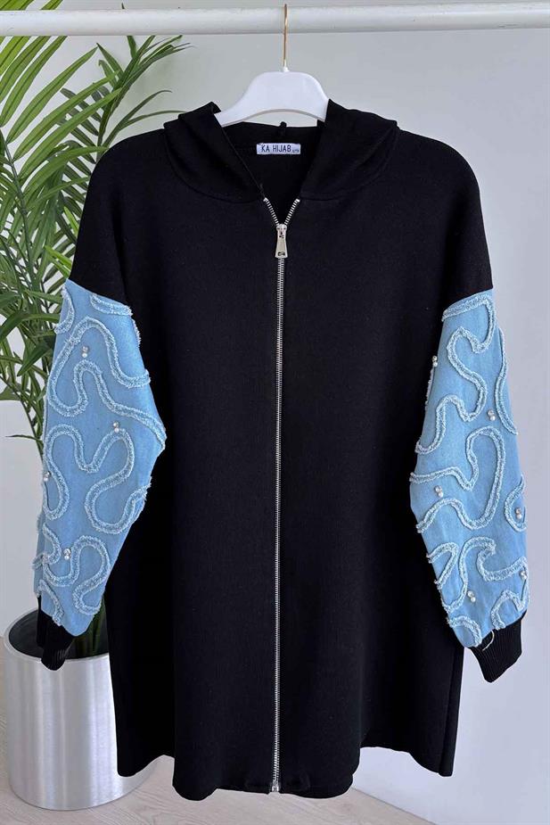 Kolları Kot Detaylı Triko Hırka - Siyah