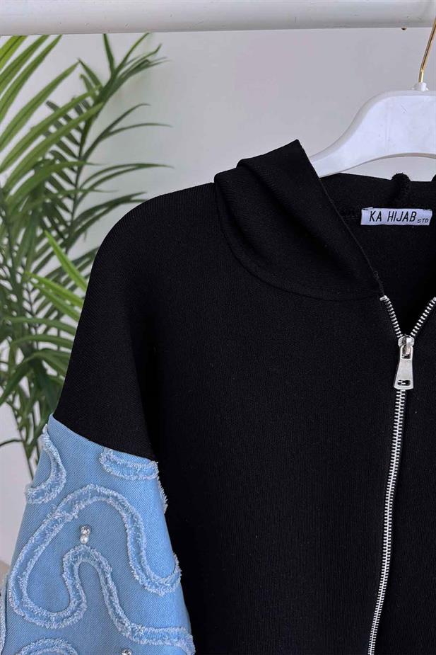 Kolları Kot Detaylı Triko Hırka - Siyah