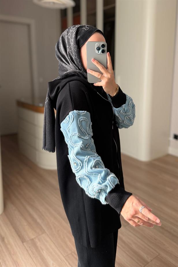 Kolları Kot Detaylı Triko Hırka - Siyah