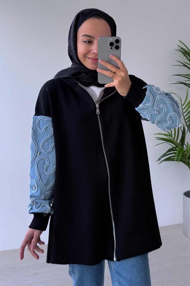 Kolları Kot Detaylı Triko Hırka - Siyah