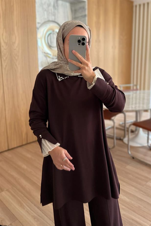 Kolu Tüllü Merserize Takım - Kahverengi