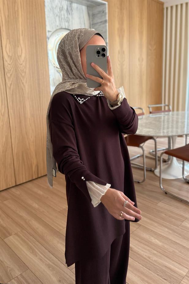 Kolu Tüllü Merserize Takım - Kahverengi