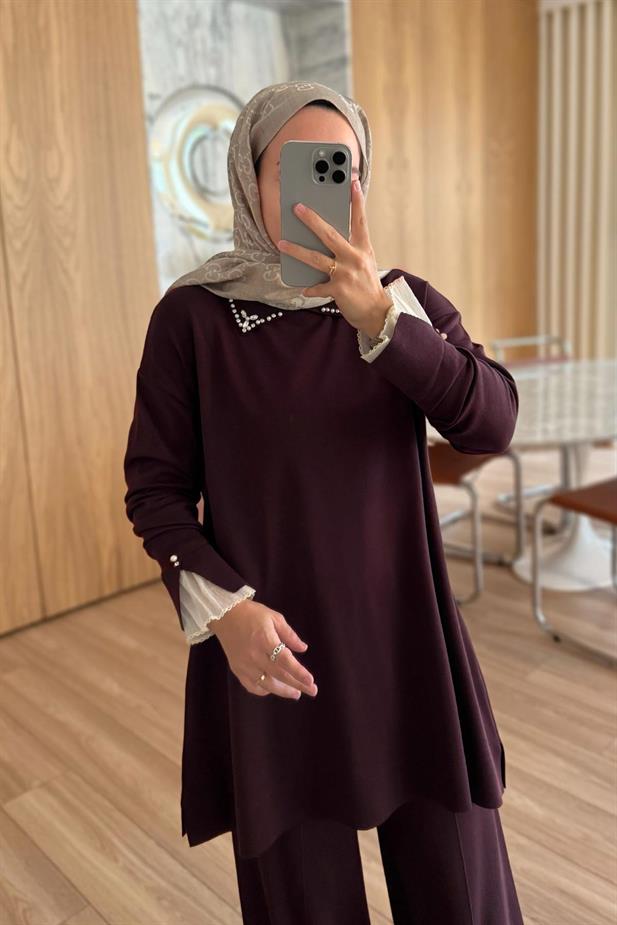 Kolu Tüllü Merserize Takım - Mürdüm