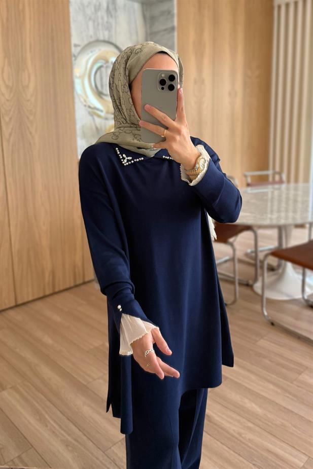 Kolu Tüllü Merserize Takım - Lacivert