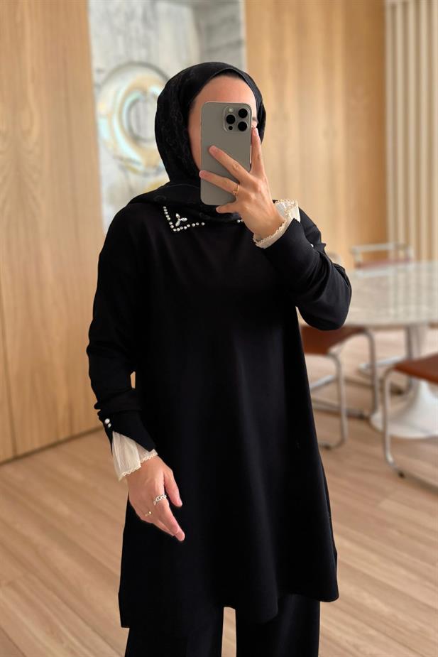 Kolu Tüllü Merserize Takım - Siyah