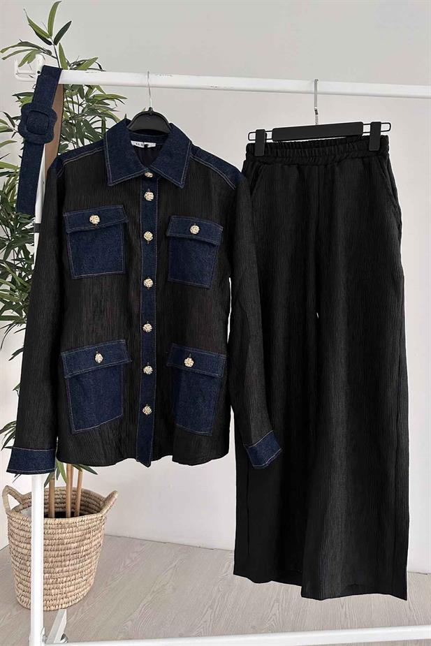 Kot Detay Gold Düğmeli Ceketli Takım - Siyah