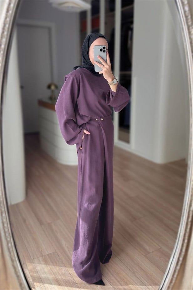 Kruvaze Pantolonlu Salaş Takım - Mürdüm