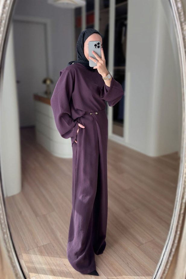 Kruvaze Pantolonlu Salaş Takım - Mürdüm