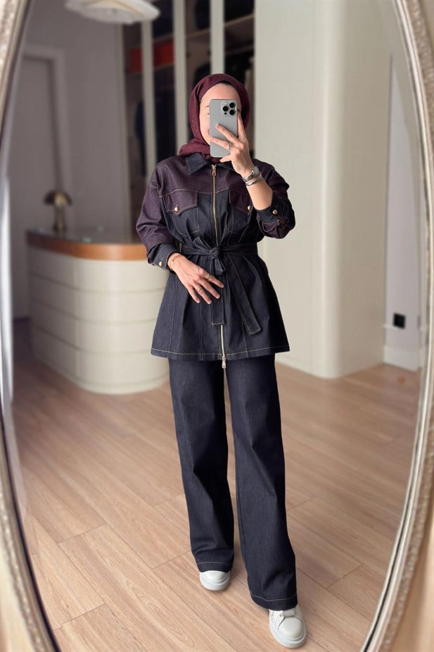 Kuşaklı Kontrast Denim Takım - Bordo
