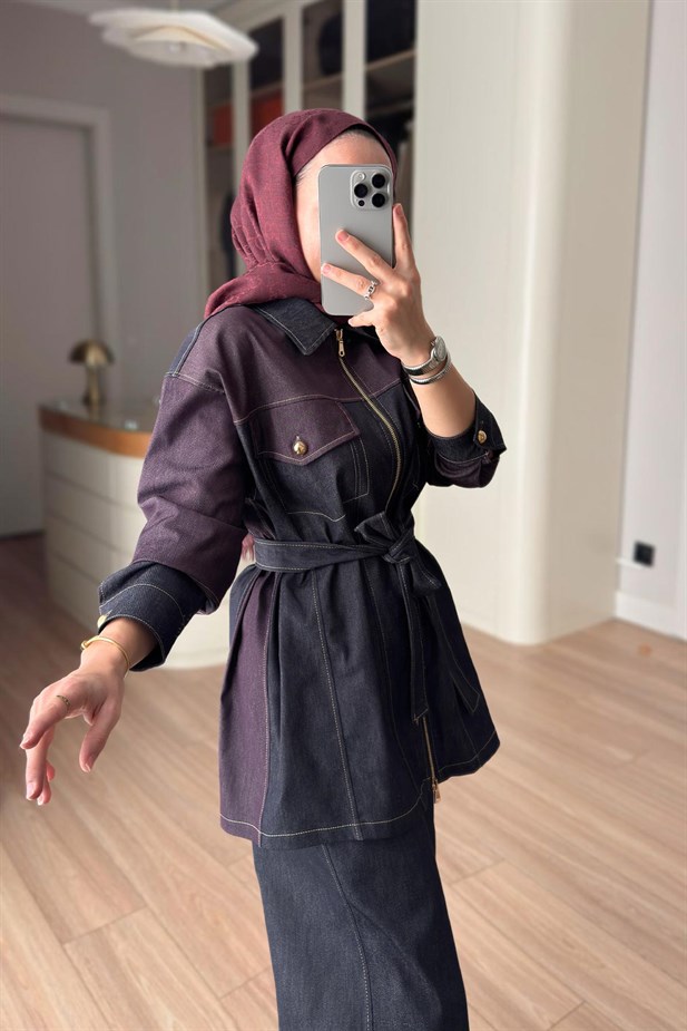 Kuşaklı Kontrast Denim Takım - Bordo