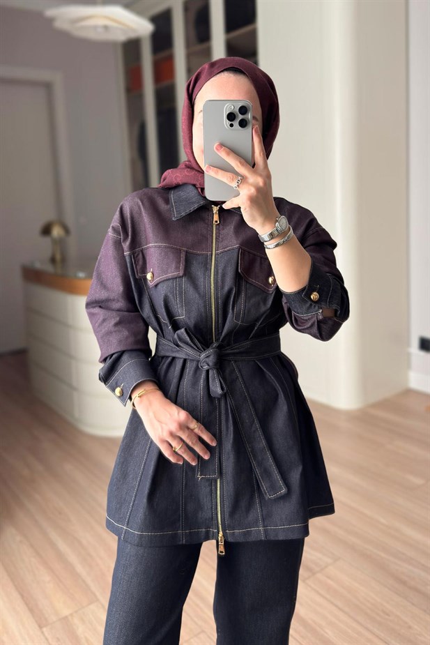 Kuşaklı Kontrast Denim Takım - Bordo