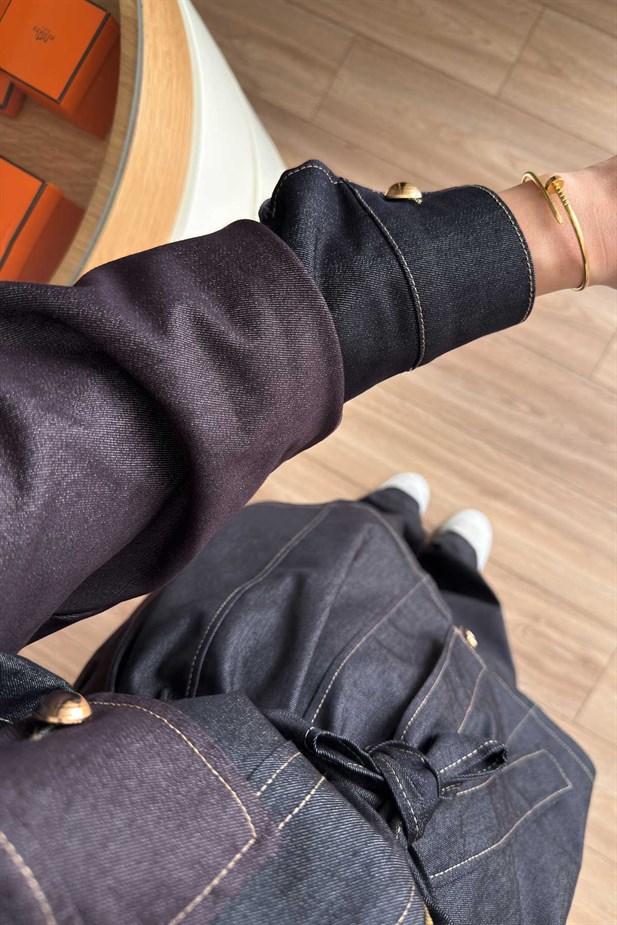 Kuşaklı Kontrast Denim Takım - Bordo
