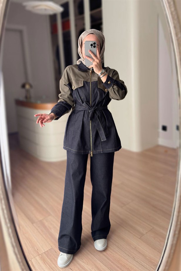 Kuşaklı Kontrast Denim Takım - Haki